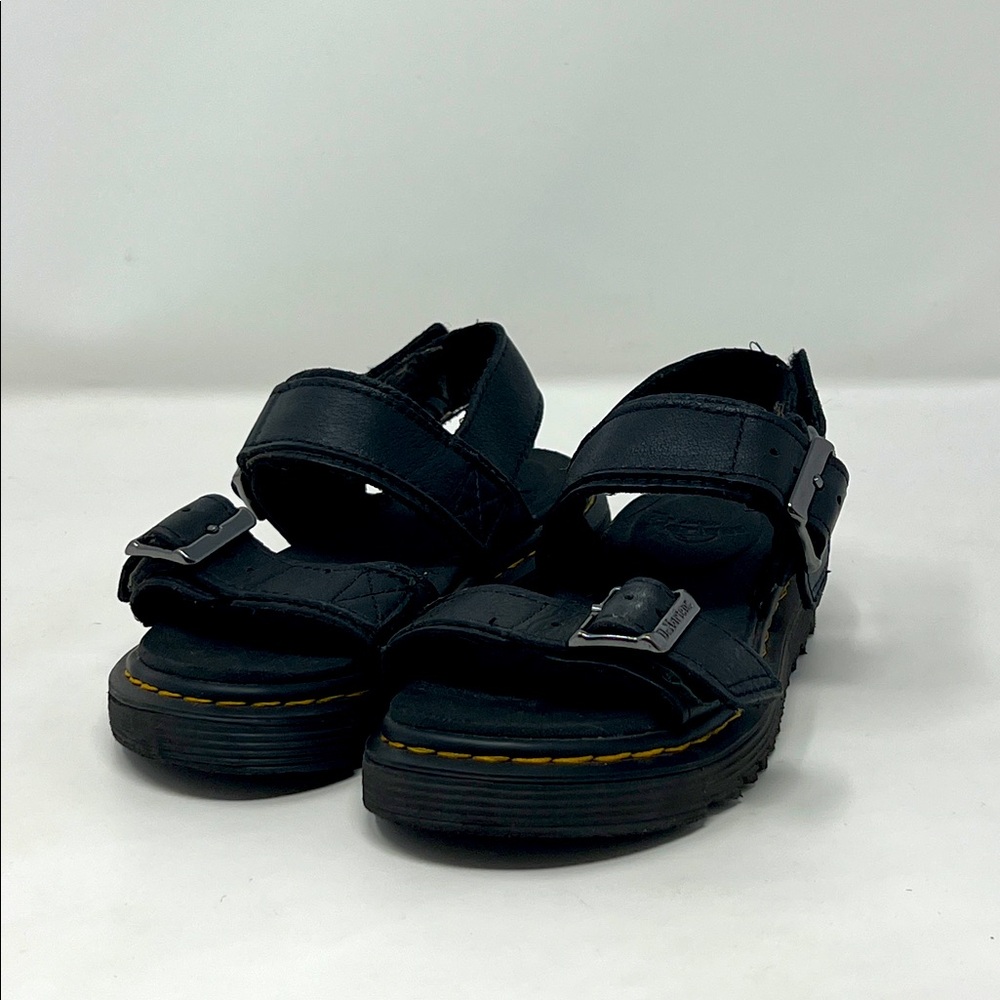 Dr. Martens Black Leather Kids Sandals with Yellow Stitching